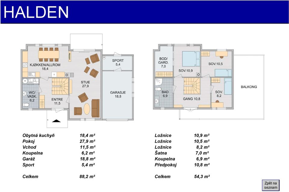 Ložnice 10,9 m² Ložnice 10,5 m² Ložnice 8,2 m² Šatna 7,0 m²