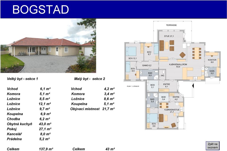 Ložnice 9,7 m² Obývací místnost 21,7 m² Koupelna 6,9 m² Chodba 6,2 m² Obytná kuchyň