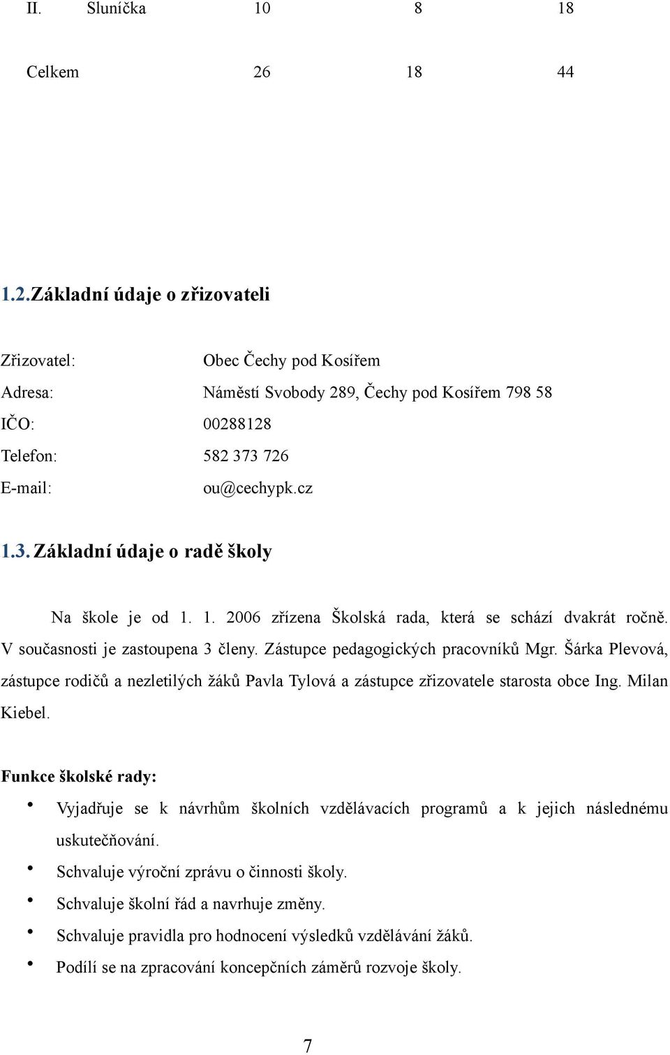 3 726 E-mail: ou@cechypk.cz 1.3. Základní údaje o radě školy Na škole je od 1. 1. 2006 zřízena Školská rada, která se schází dvakrát ročně. V současnosti je zastoupena 3 členy.