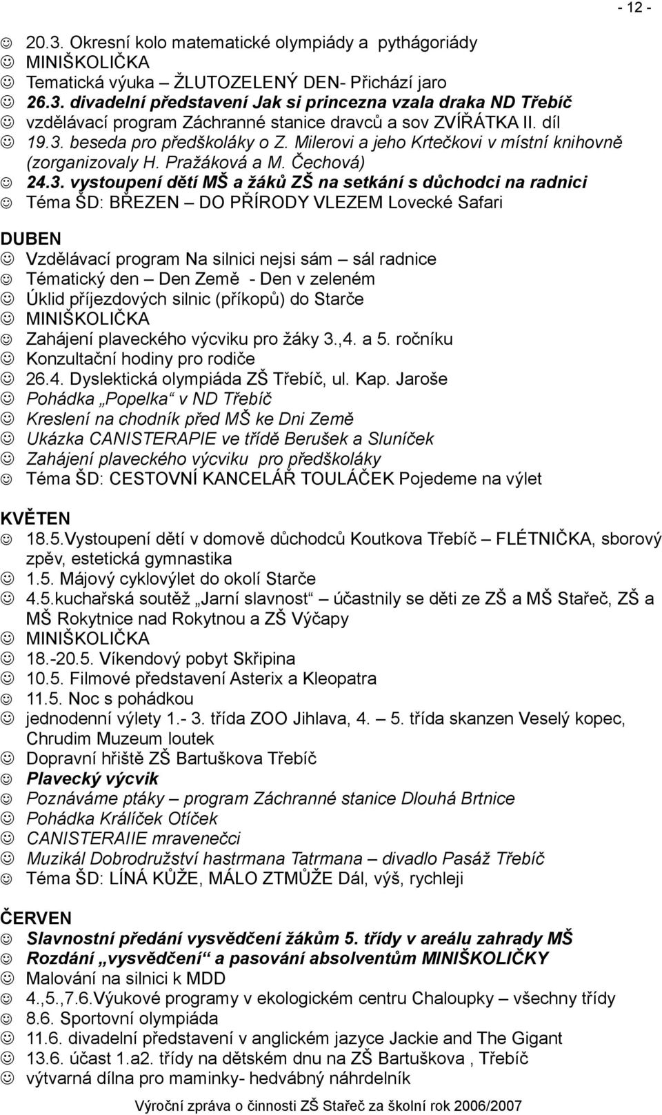 beseda pro předškoláky o Z. Milerovi a jeho Krtečkovi v místní knihovně (zorganizovaly H. Pražáková a M. Čechová) 24.3.