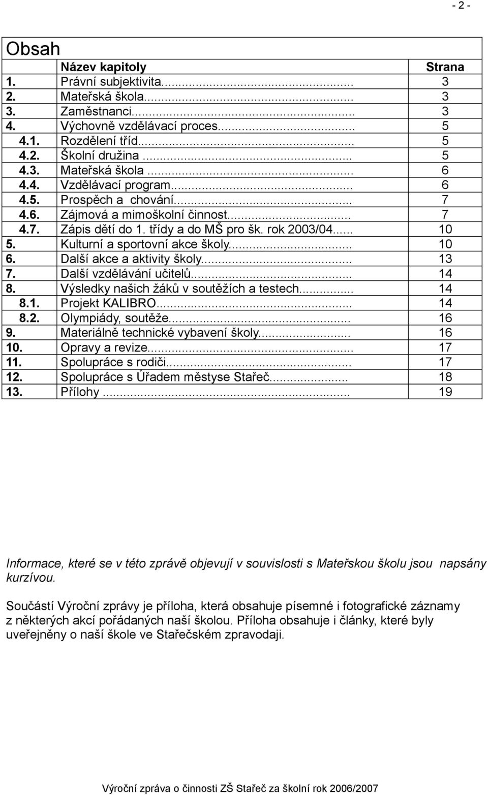 Další akce a aktivity školy... 13 7. Další vzdělávání učitelů... 14 8. Výsledky našich žáků v soutěžích a testech... 14 8.1. Projekt KALIBRO... 14 8.2. Olympiády, soutěže... 16 9.