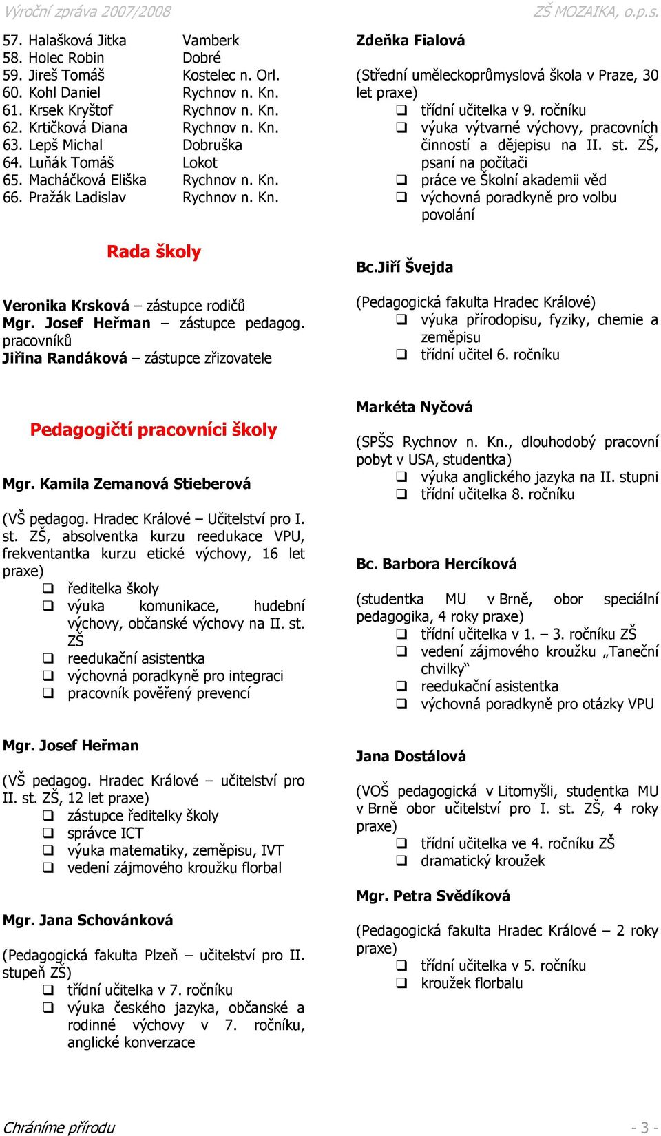 pracovníků Jiřina Randáková zástupce zřizovatele Zdeňka Fialová (Střední uměleckoprůmyslová škola v Praze, 30 let praxe) třídní učitelka v 9.