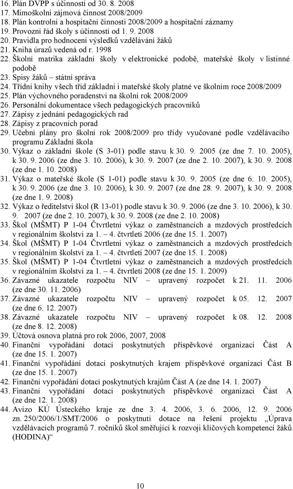 Spisy žáků státní správa 24. Třídní knihy všech tříd základní i mateřské školy platné ve školním roce 2008/2009 25. Plán výchovného poradenství na školní rok 2008/2009 26.