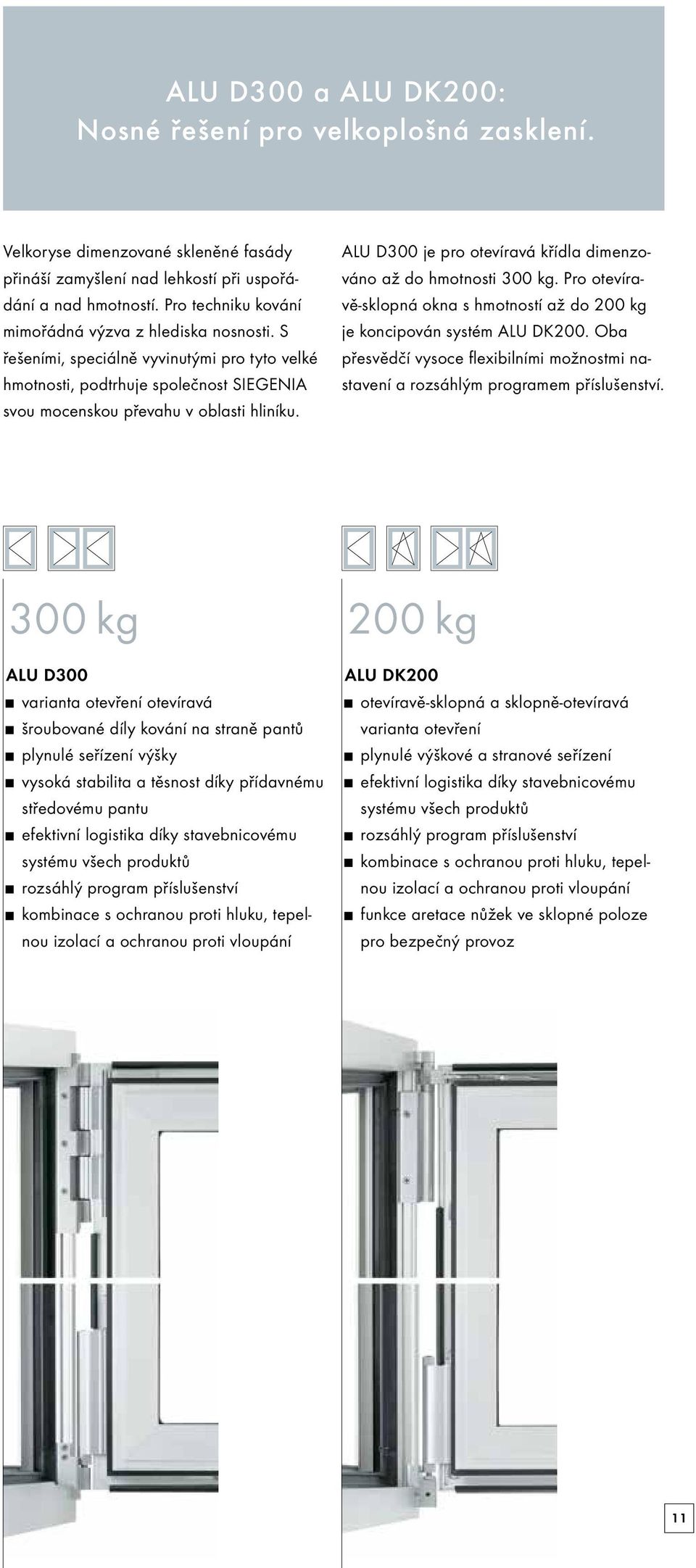 ALU D300 je pro otevíravá křídla dimenzováno až do hmotnosti 300 kg. Pro otevíravě-sklopná okna s hmotností až do 200 kg je koncipován systém ALU DK200.