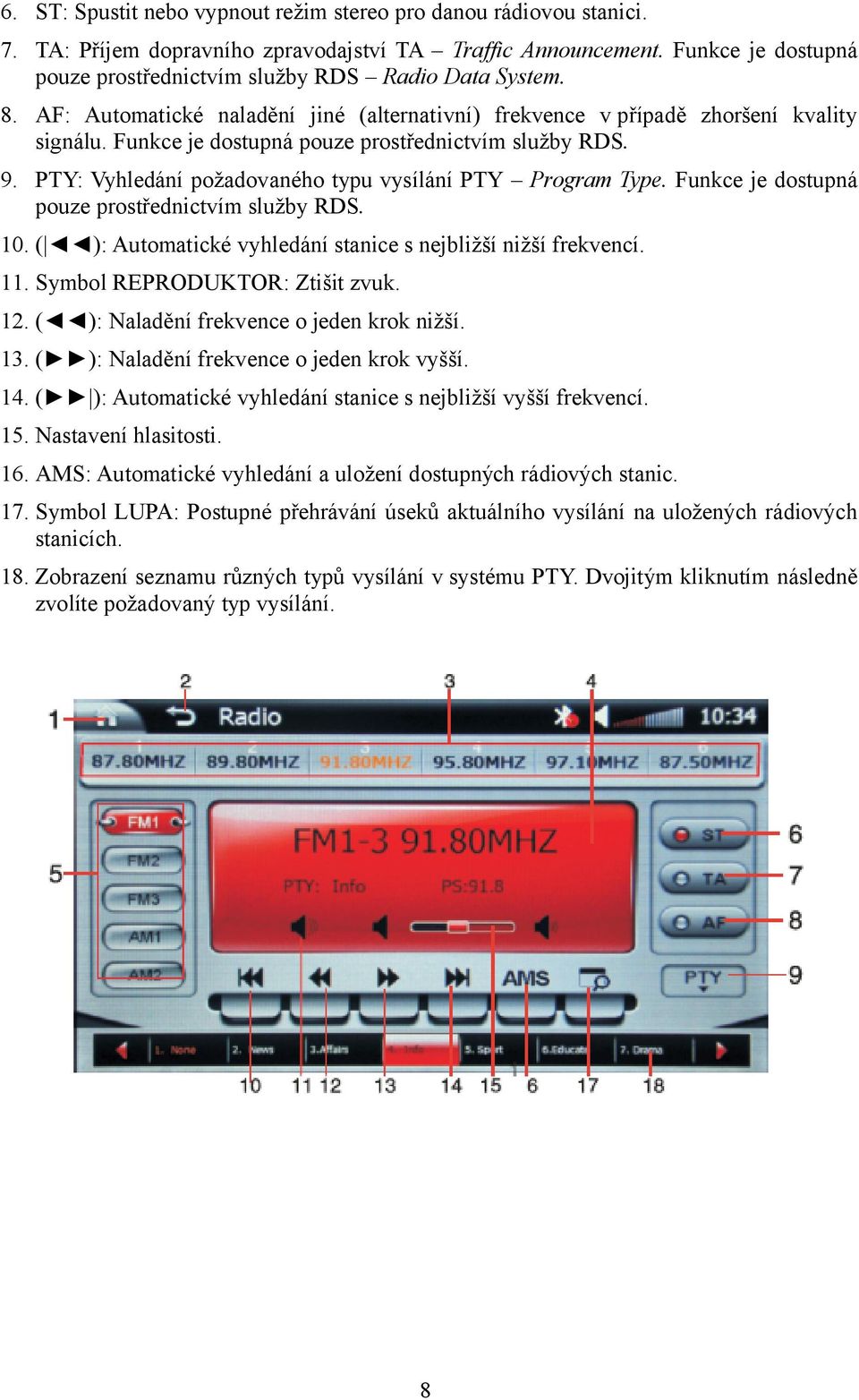 Funkce je dostupná pouze prostřednictvím služby RDS. 9. PTY: Vyhledání požadovaného typu vysílání PTY Program Type. Funkce je dostupná pouze prostřednictvím služby RDS. 10.