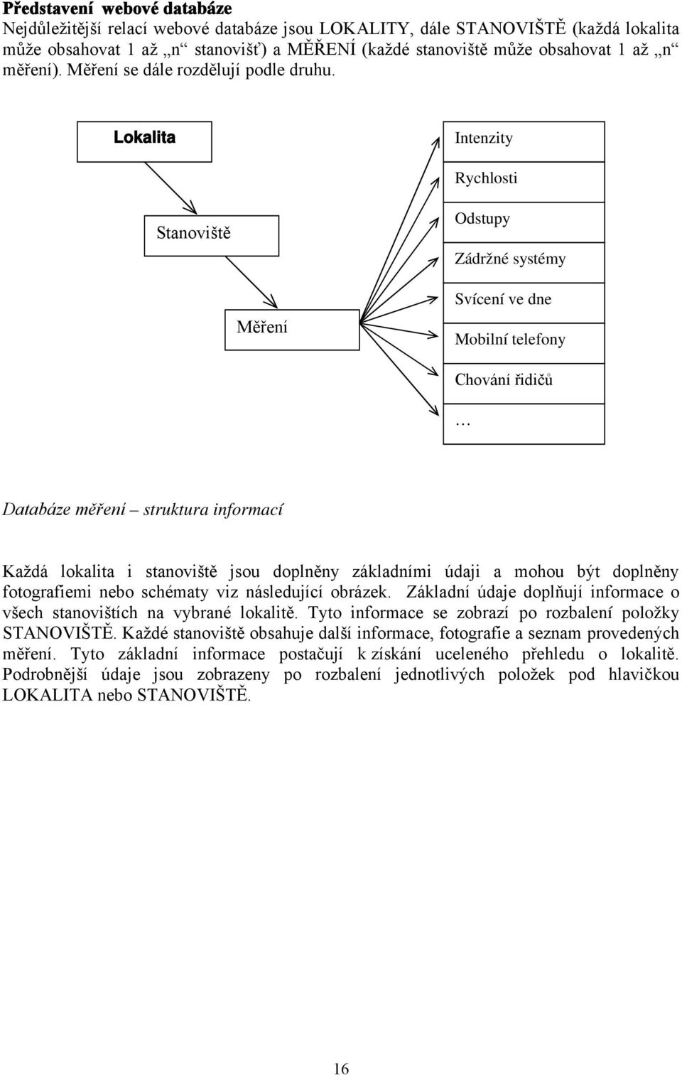 Lokalita Intenzity Rychlosti Stanoviště Odstupy Zádržné systémy Měření Svícení ve dne Mobilní telefony Chování řidičů Databáze měření struktura informací Každá lokalita i stanoviště jsou doplněny