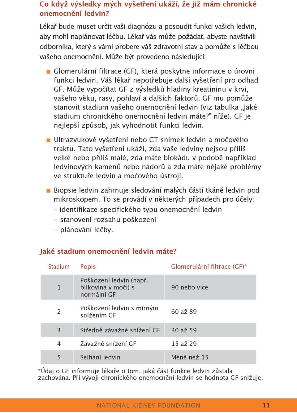 Může být provedeno následující: Glomerulární filtrace (GF), která poskytne informace o úrovni funkci ledvin. Váš lékař nepotřebuje další vyšetření pro odhad GF.