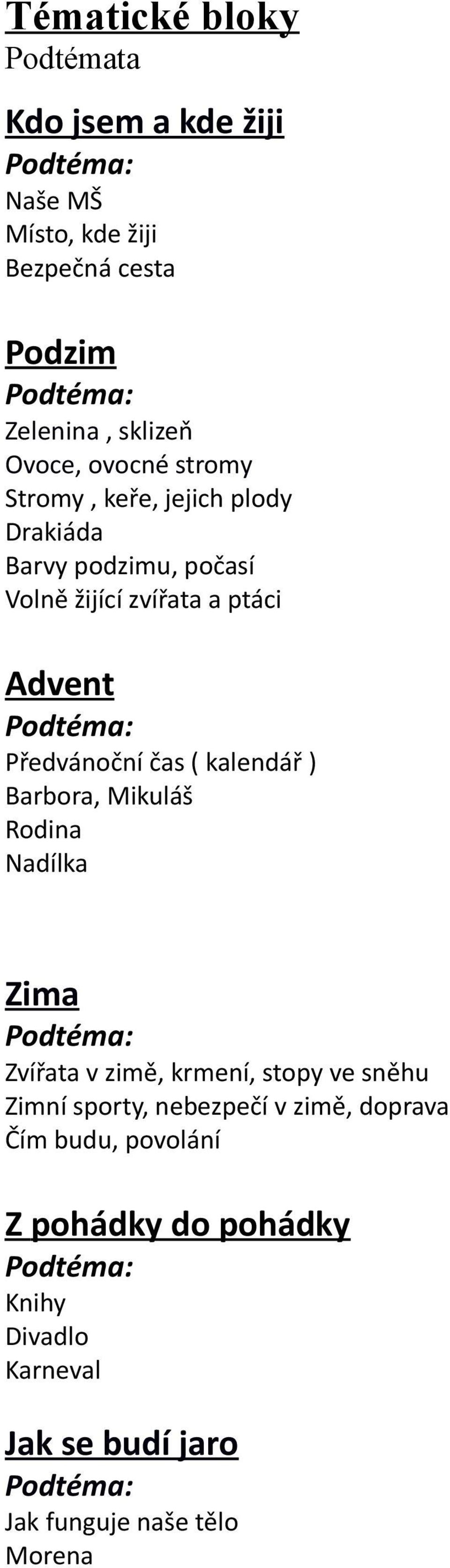 Předvánoční čas ( kalendář ) Barbora, Mikuláš Rodina Nadílka Zima Podtéma: Zvířata v zimě, krmení, stopy ve sněhu Zimní sporty,