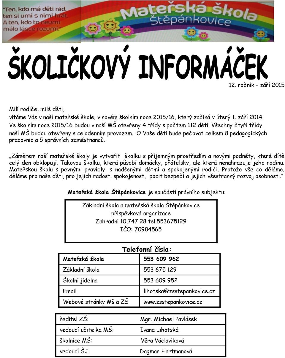 O Vaše děti bude pečovat celkem 8 pedagogických pracovnic a 5 správních zaměstnanců.