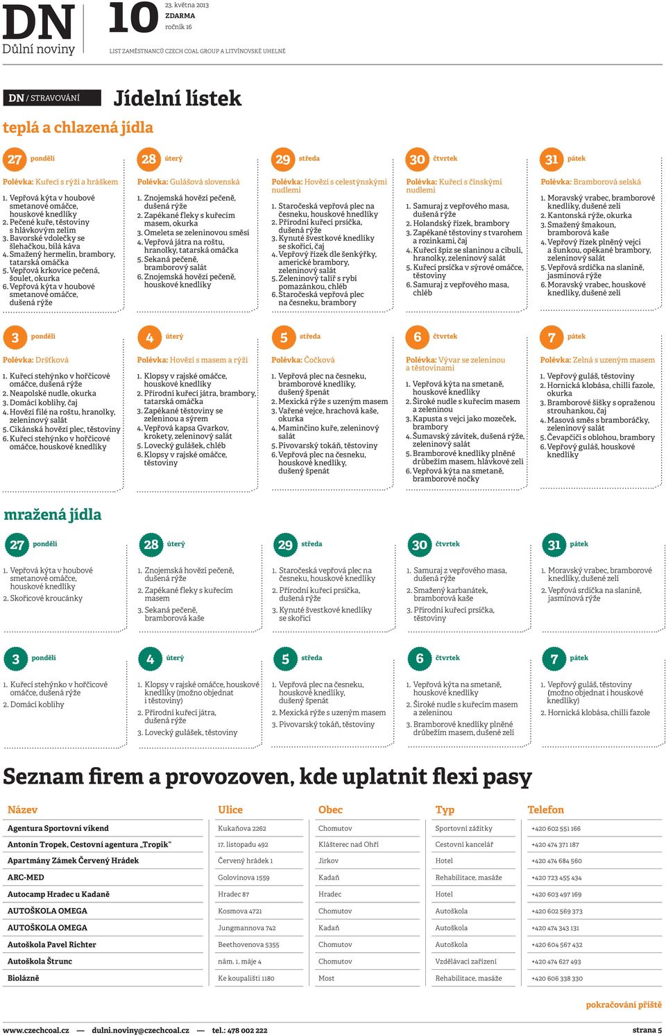 Vepřová krkovice pečená, šoulet, okurka 6. Vepřová kýta v houbové smetanové omáčce, Polévka: Gulášová slovenská 1. Znojemská hovězí pečeně, 2. Zapékané fleky s kuřecím masem, okurka 3.