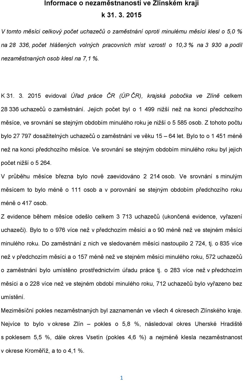 osob klesl na 7,1 %. K 31. 3. 2015 evidoval Úřad práce ČR (ÚP ČR), krajská pobočka ve Zlíně celkem 28 336 uchazečů o zaměstnání.