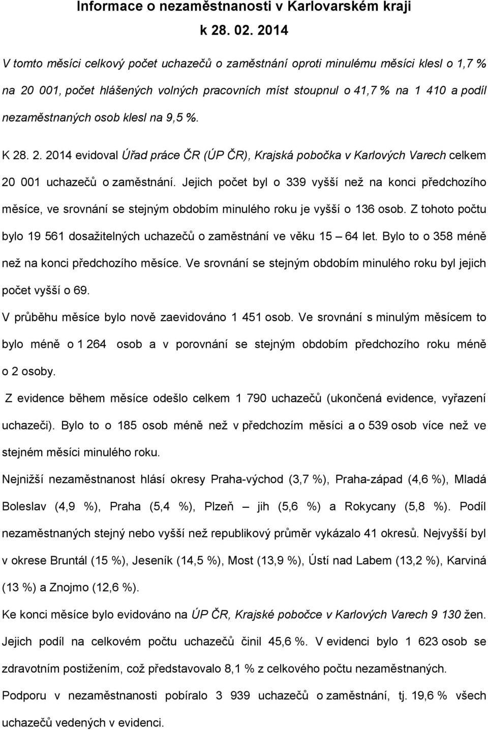 klesl na 9,5 %. K 28. 2. 2014 evidoval Úřad práce ČR (ÚP ČR), Krajská pobočka v Karlových Varech celkem 20 001 uchazečů o zaměstnání.