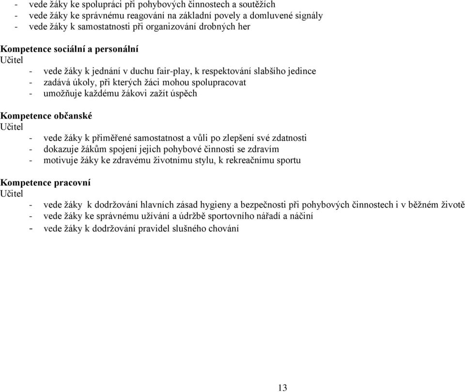 Kompetence občanské - vede žáky k přiměřené samostatnost a vůli po zlepšení své zdatnosti - dokazuje žákům spojení jejich pohybové činnosti se zdravím - motivuje žáky ke zdravému životnímu stylu, k