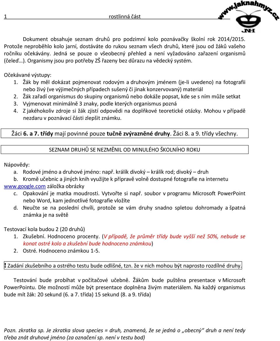 Organismy jsou pro potřeby ZŠ řazeny bez důrazu na vědecký systém. Očekávané výstupy: 1.