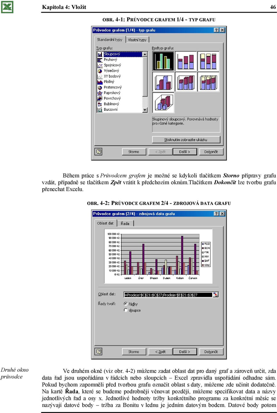 tlačítkem Dokončit lze tvorbu grafu přenechat Excelu. OBR. 4-2: PRŮVODCE GRAFEM 2/4 - ZDROJOVÁ DATA GRAFU Druhé okno průvodce Ve druhém okně (viz obr.