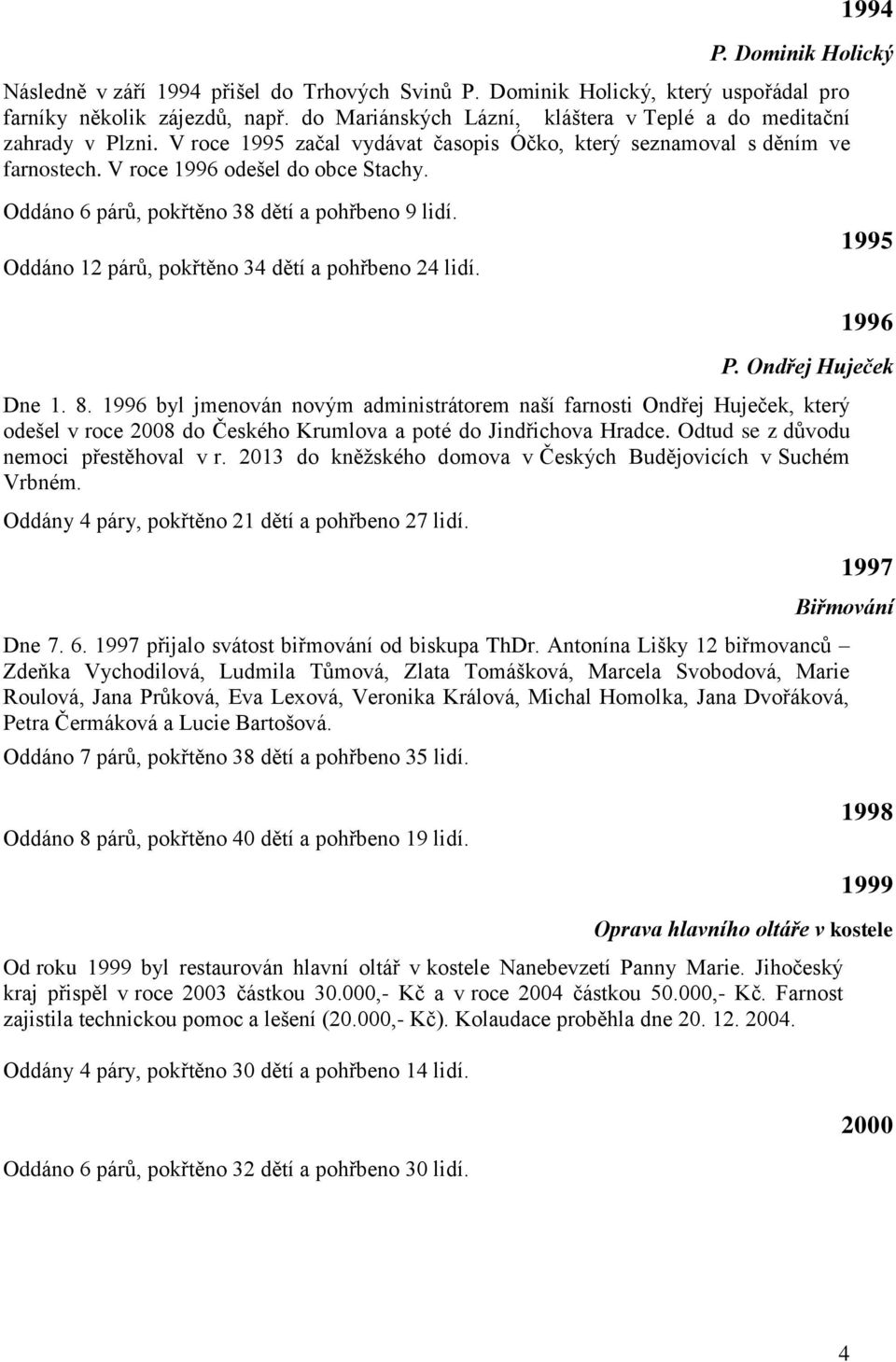 Oddáno 6 párů, pokřtěno 38 dětí a pohřbeno 9 lidí. Oddáno 12 párů, pokřtěno 34 dětí a pohřbeno 24 lidí. 1995 1996 P. Ondřej Huječek Dne 1. 8.