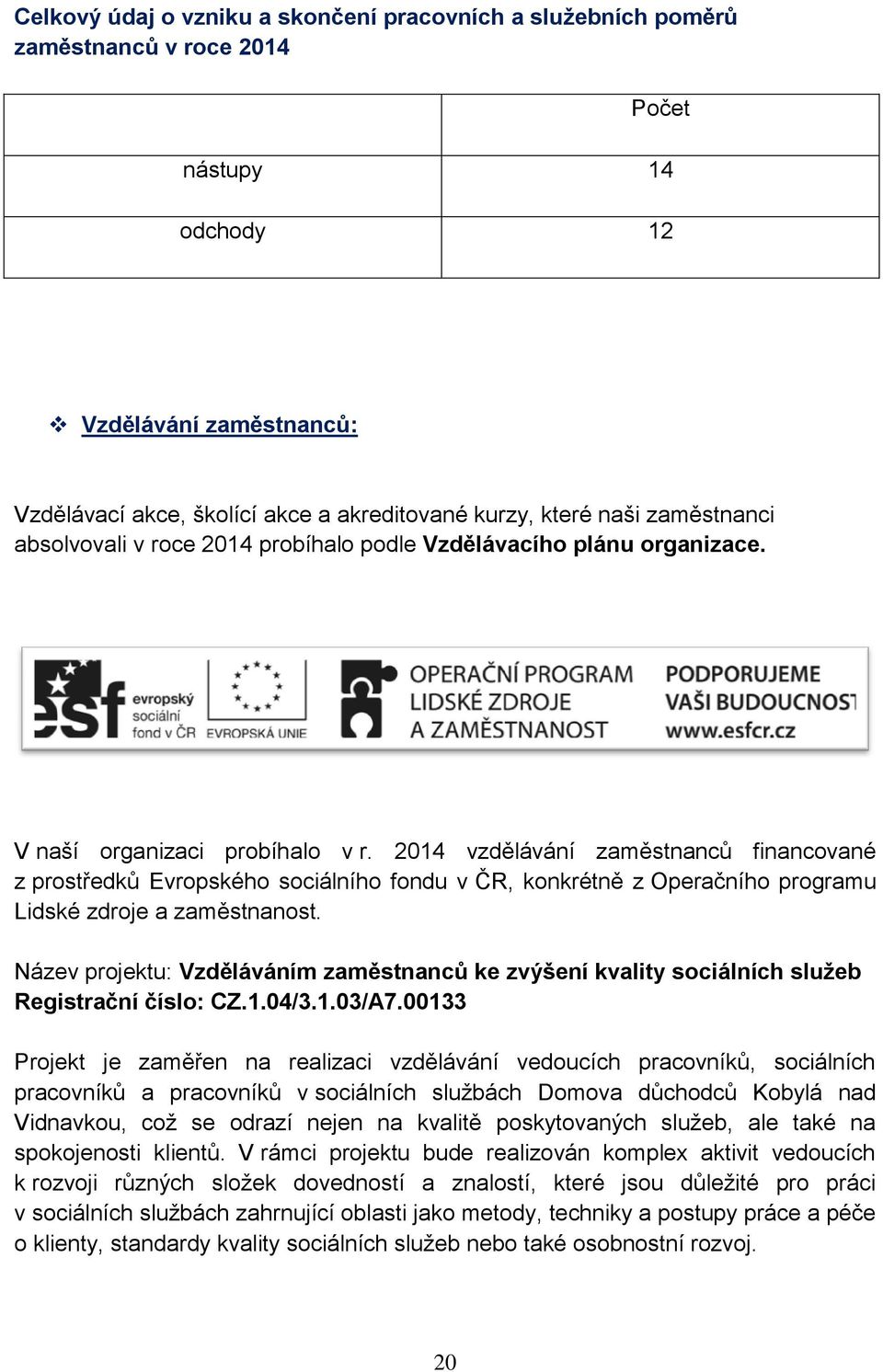 2014 vzdělávání zaměstnanců financované z prostředků Evropského sociálního fondu v ČR, konkrétně z Operačního programu Lidské zdroje a zaměstnanost.