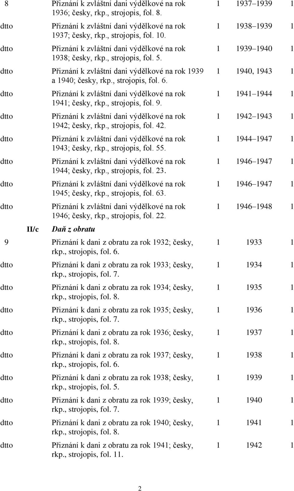 dtto dtto dtto dtto dtto dtto II/c Přiznání k zvláštní dani výdělkové na rok 1941; česky, rkp., strojopis, fol. 9. Přiznání k zvláštní dani výdělkové na rok 1942; česky, rkp., strojopis, fol. 42.