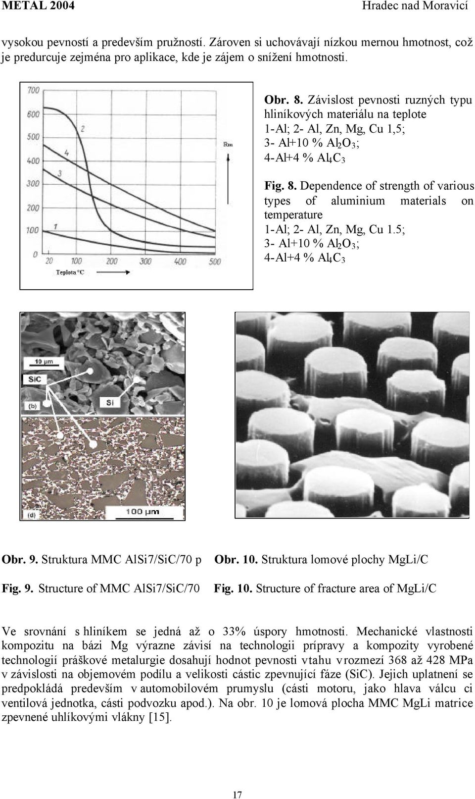 Dependence of strength of various types of aluminium materials on temperature 1-Al; 2- Al, Zn, Mg, Cu 1.5; 3- Al+10 % Al 2 O 3 ; 4-Al+4 % Al 4 C 3 Obr. 9. Struktura MMC AlSi7/SiC/70 p Obr. 10.