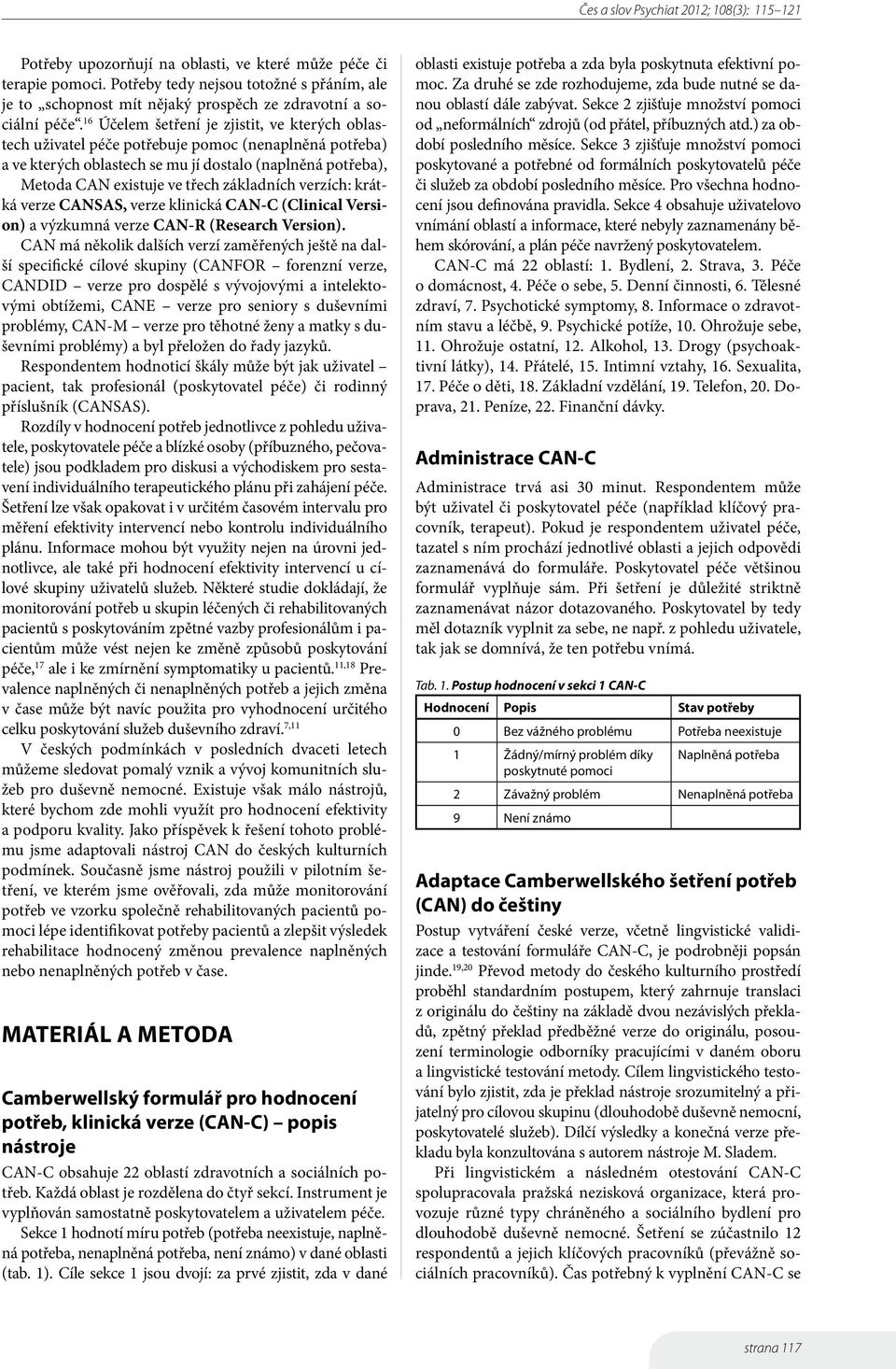 základních verzích: krátká verze CANSAS, verze klinická CAN-C (Clinical Version) a výzkumná verze CAN-R (Research Version).