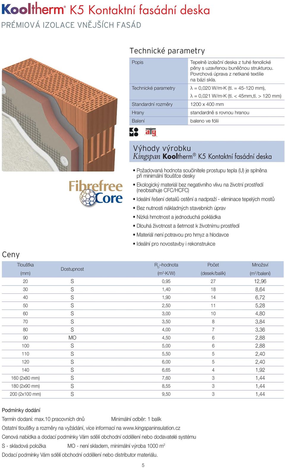 > 120 mm) 1200 x 400 mm standardně s rovnou hranou Kingspan Kooltherm K5 Kontaktní fasádní deska Požadovaná hodnota součinitele prostupu tepla (U) je splněna při minimální tloušťce desky Ekologický