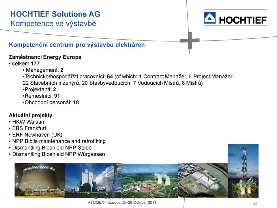 Vedoucích Mistrů, 8 Mistrů) Projektanti: 2 Řemeslníci: 91 Obchodní personál: 18 Aktuální projekty HKW Walsum EBS Frankfurt ERF Newhaven