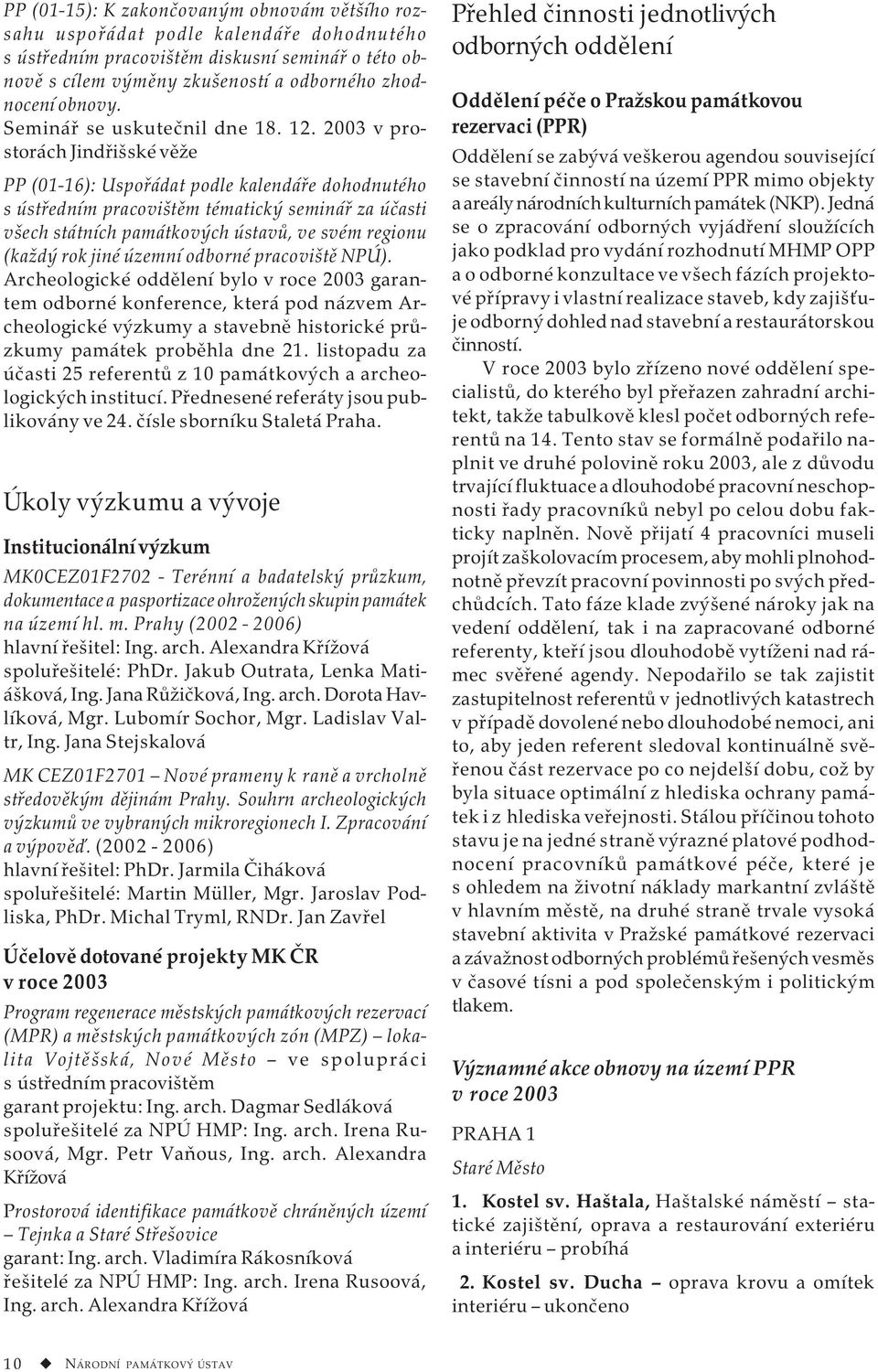 2003 v prostorách Jindřišské věže PP (01-16): Uspořádat podle kalendáře dohodnutého s ústředním pracovištěm tématický seminář za účasti všech státních památkových ústavů, ve svém regionu (každý rok