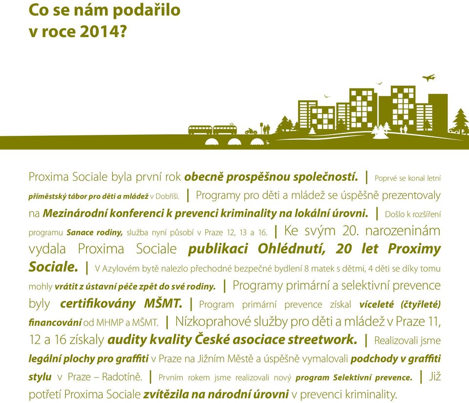 Ke svým 20. narozeninám vydala Proxima Sociale publikaci Ohlédnutí, 20 let Proximy Sociale.