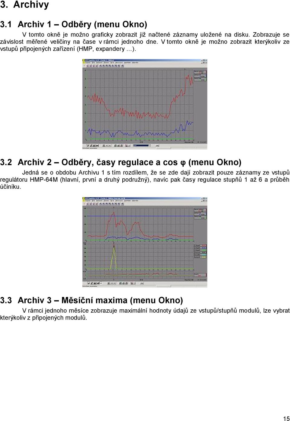 2 Archiv 2 Odběry, časy regulace a cos φ (menu Okno) Jedná se o obdobu Archivu 1 s tím rozdílem, že se zde dají zobrazit pouze záznamy ze vstupů regulátoru HMP-64M (hlavní,