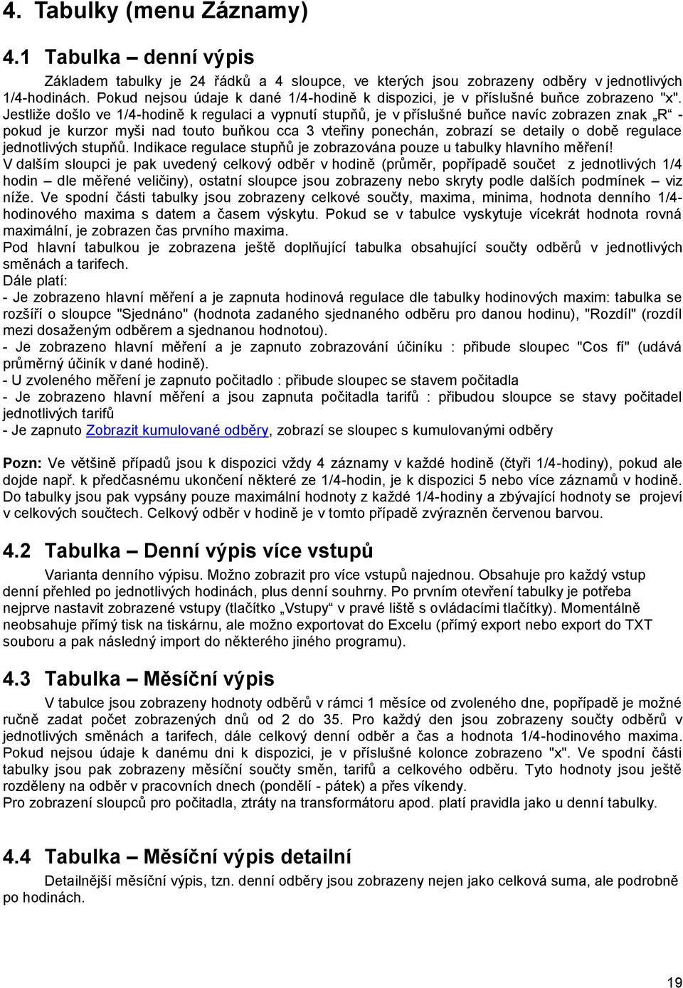 Jestliže došlo ve 1/4-hodině k regulaci a vypnutí stupňů, je v příslušné buňce navíc zobrazen znak R - pokud je kurzor myši nad touto buňkou cca 3 vteřiny ponechán, zobrazí se detaily o době regulace