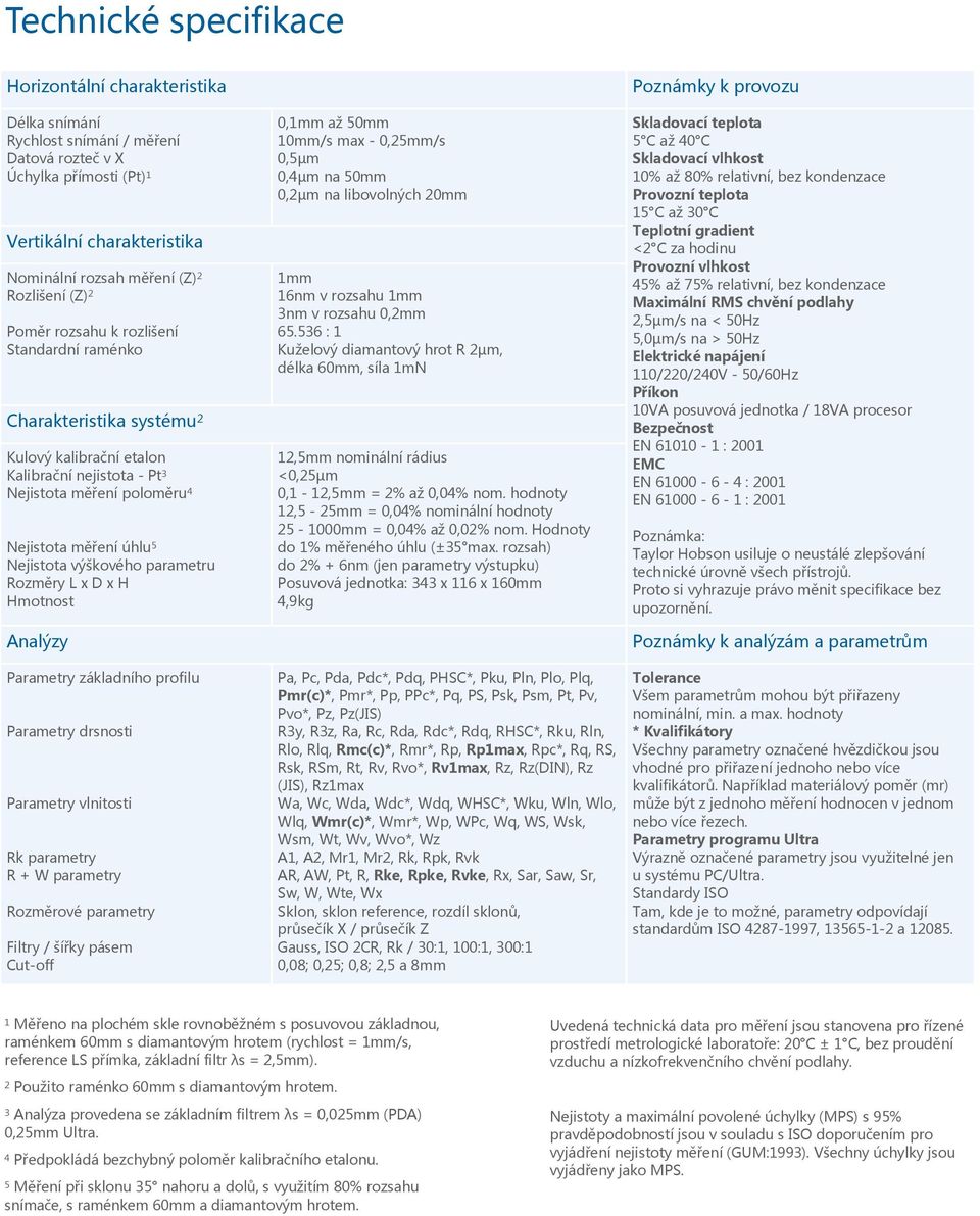 výškového parametru Rozměry L x D x H Hmotnost Analýzy Parametry základního profilu Parametry drsnosti Parametry vlnitosti Rk parametry R + W parametry Rozměrové parametry Filtry / šířky pásem