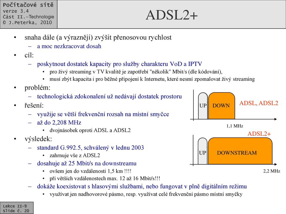 UP DOWN využije se větší frekvenční rozsah na místní smyčce až do 2,208 MHz dvojnásobek oproti ADSL a ADSL2 1,1 MHz výsledek: standard G.992.
