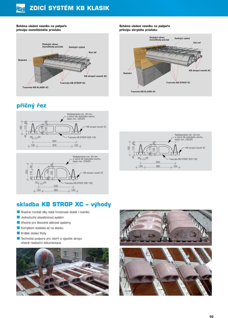 C20/25 190 30 40 1 40 40 625 120 505 120 Tvarovka KB-STROP 625-140 KB stropní nosník XC 35 25 40 1 40 150 500 Nadbetonávka min. 40 mm a výztuž dle statického návrhu, beton min.