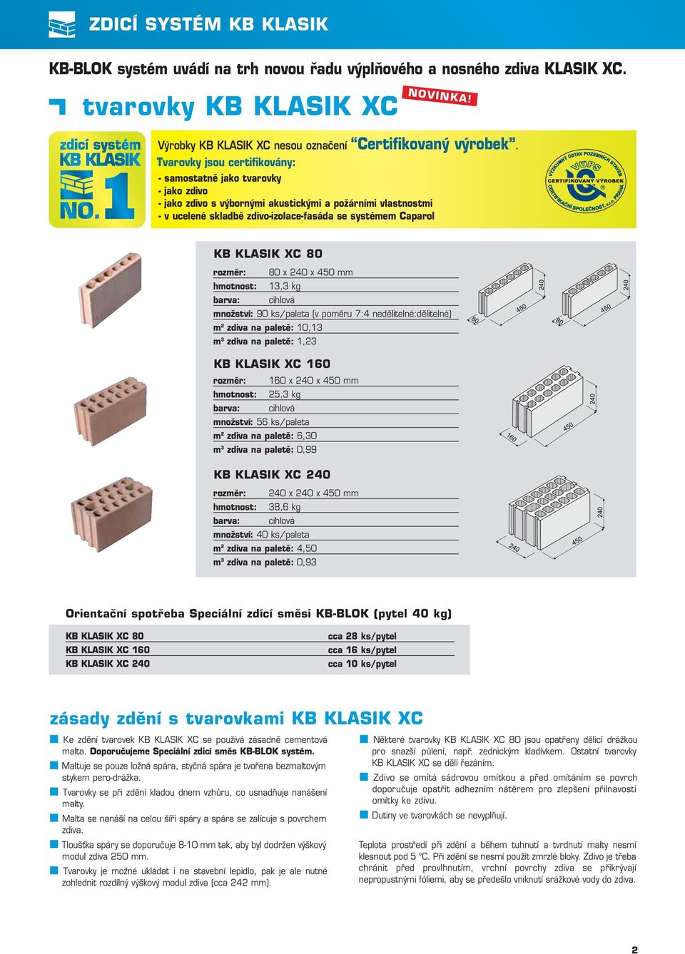 KLASIK XC 80 rozměr: 80 x x 450 mm hmotnost: 13,3 kg barva: cihlová množství: 90 ks/paleta (v poměru 7:4 nedělitelné:dělitelné) m 2 zdiva na paletě:,13 m 3 zdiva na paletě: 1,23 KB KLASIK XC 160