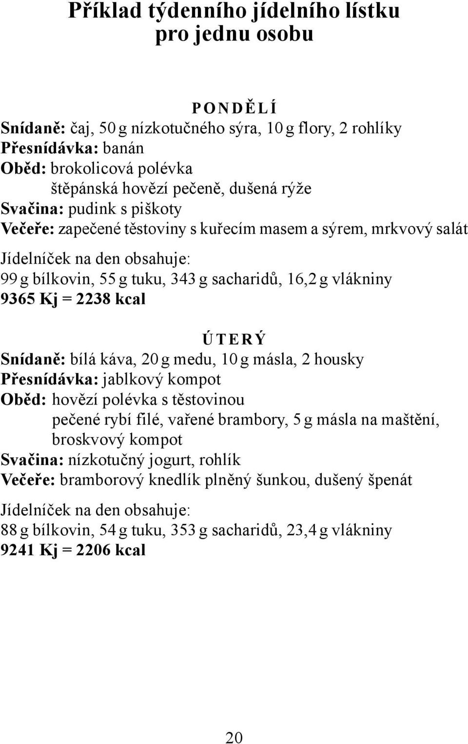 kcal ÚTERÝ Snídaně: bílá káva, 20 g medu, 10 g másla, 2 housky Přesnídávka: jablkový kompot Oběd: hovězí polévka s těstovinou pečené rybí filé, vařené brambory, 5 g másla na maštění, broskvový