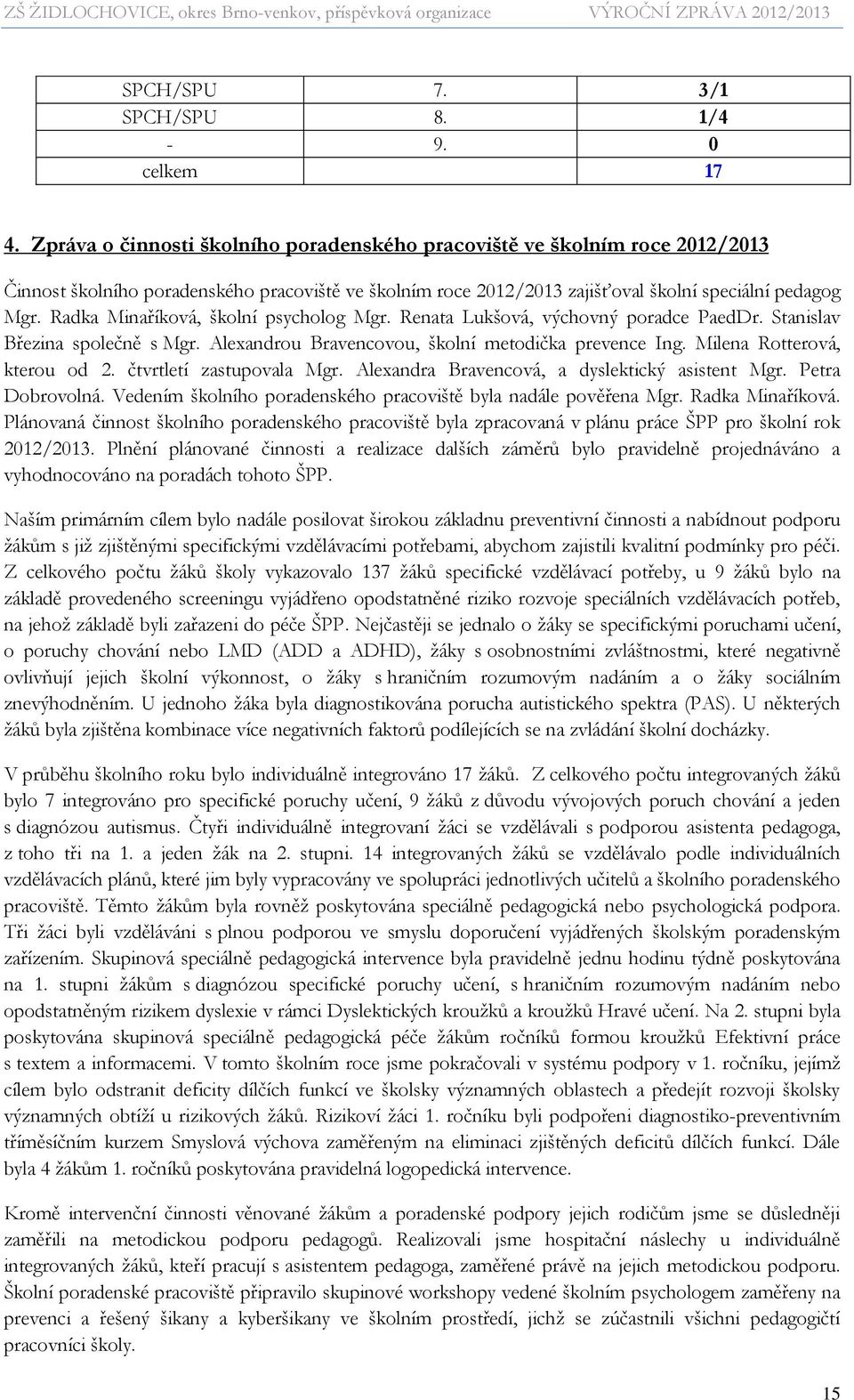 Radka Minaříková, školní psycholog Mgr. Renata Lukšová, výchovný poradce PaedDr. Stanislav Březina společně s Mgr. Alexandrou Bravencovou, školní metodička prevence Ing. Milena Rotterová, kterou od 2.