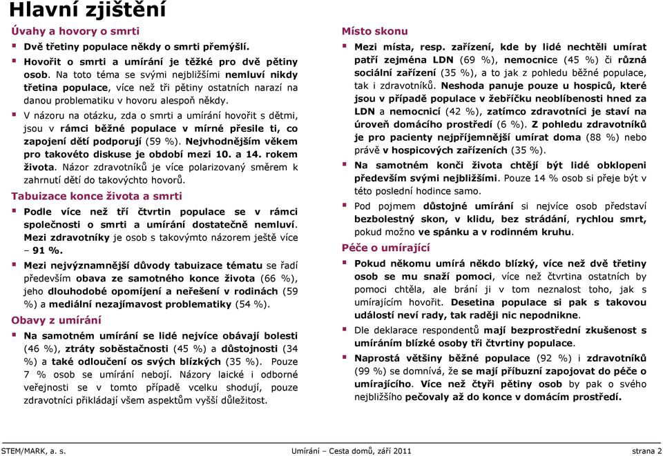 V názoru na otázku, zda o smrti a umírání hovořit s dětmi, jsou v rámci běžné populace v mírné přesile ti, co zapojení dětí podporují (9 %). Nejvhodnějším věkem pro takovéto diskuse je období mezi 10.