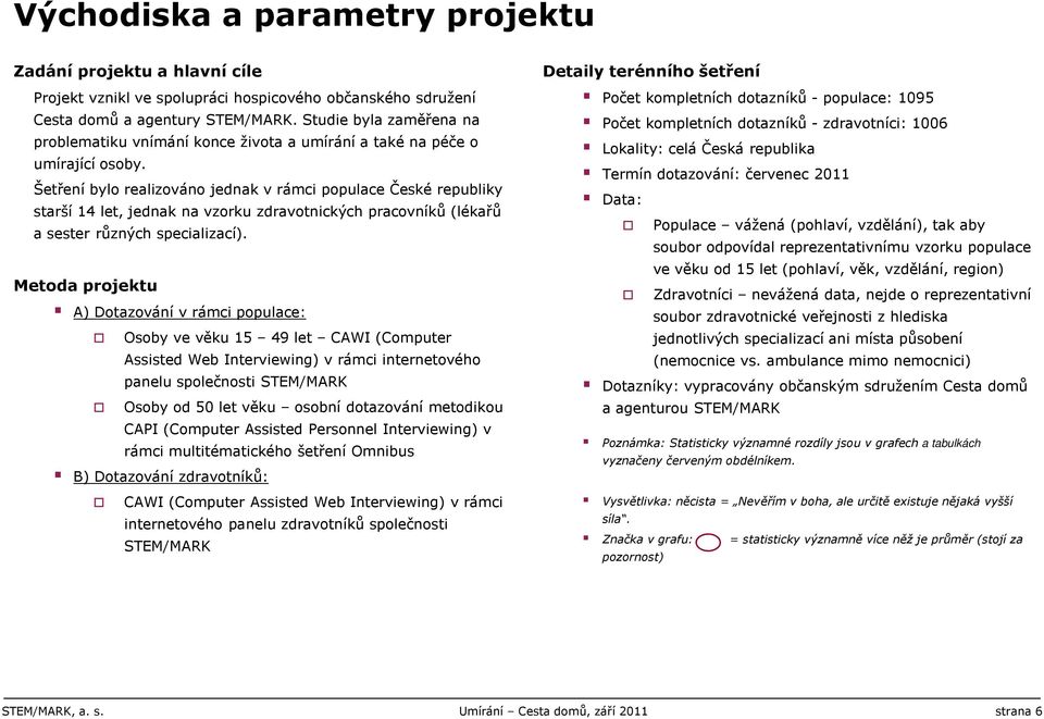 Šetření bylo realizováno jednak v rámci populace České republiky starší 1 let, jednak na vzorku zdravotnických pracovníků (lékařů a sester různých specializací).