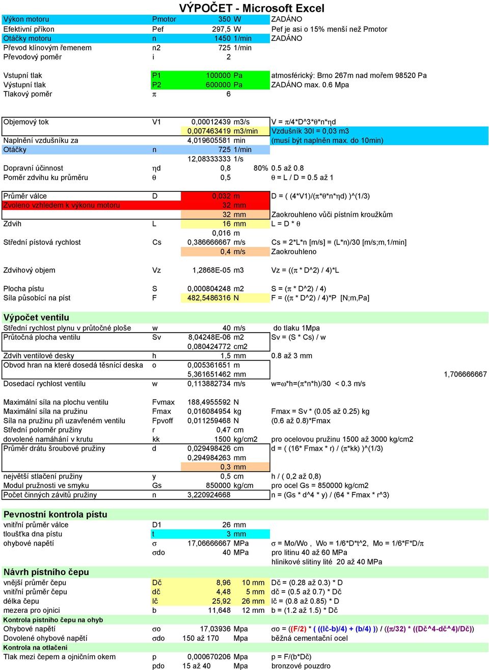 6 Mpa Tlakový poměr π 6 Objemový tok V1 0,00012439 m3/s V π/4*d^3*θ*n*ηd 0,007463419 m3/min Vzdušník 30l 0,03 m3 Naplnění vzdušníku za 4,019605581 min (musí být naplněn max.