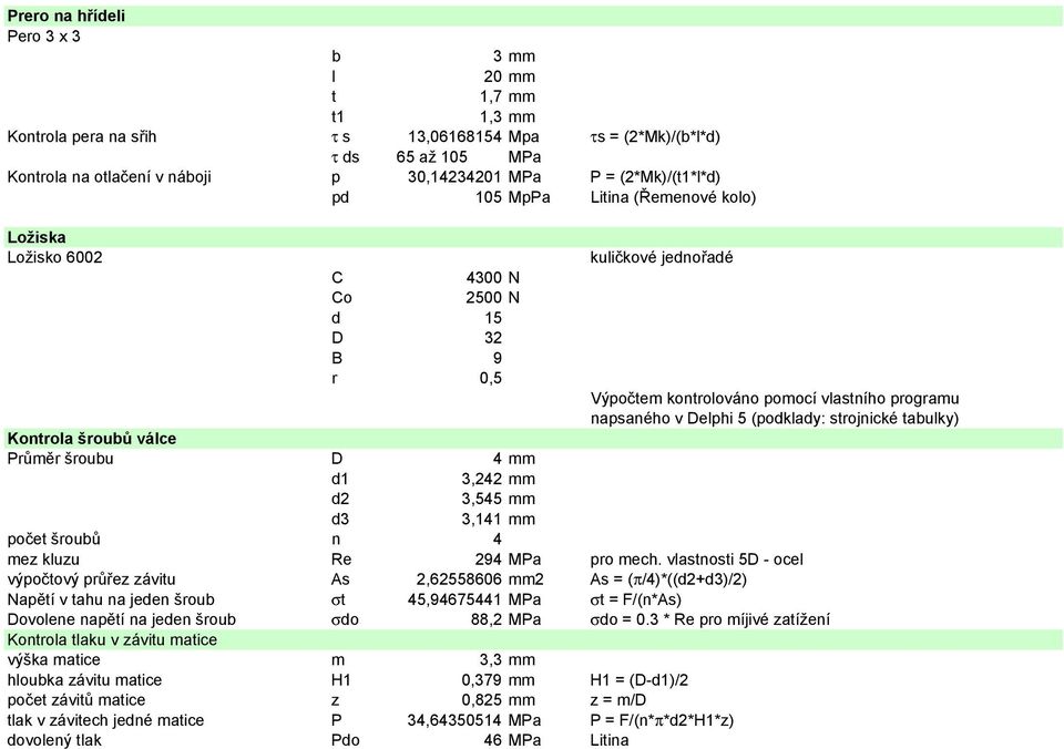 (podklady: strojnické tabulky) Kontrola šroubů válce růměr šroubu D 4 mm d1 3,242 mm d2 3,545 mm d3 3,141 mm počet šroubů n 4 mez kluzu Re 294 Ma pro mech.