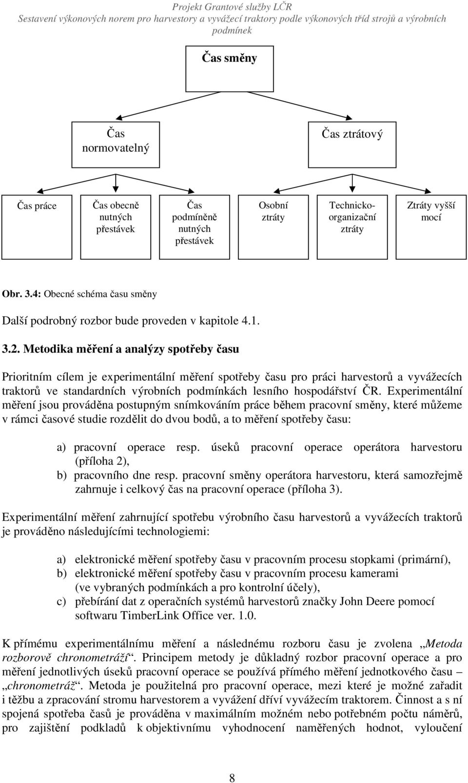 Metodika měření a analýzy spotřeby času Prioritním cílem je experimentální měření spotřeby času pro práci harvestorů a vyvážecích traktorů ve standardních výrobních podmínkách lesního hospodářství ČR.