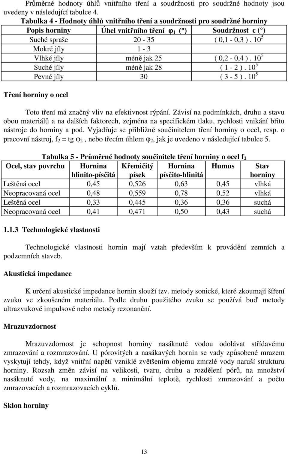 10 5 Mokré jíly 1-3 Vlhké jíly méně jak 25 ( 0,2-0,4 ). 10 5 Suché jíly méně jak 28 ( 1-2 ). 10 5 Pevné jíly 30 ( 3-5 ). 10 5 Tření horniny o ocel Toto tření má značný vliv na efektivnost rýpání.