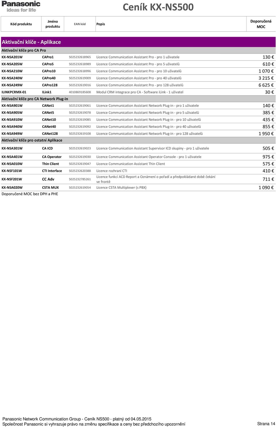 Assistant Pro - pro 40 uživatelů 3 215 KX-NSA249W CAPro128 5025232619016 Licence Communication Assistant Pro - pro 128 uživatelů 6 625 ILINKPCRMX-01 ILink1 4010869185608 Modul CRM integrace pro CA -