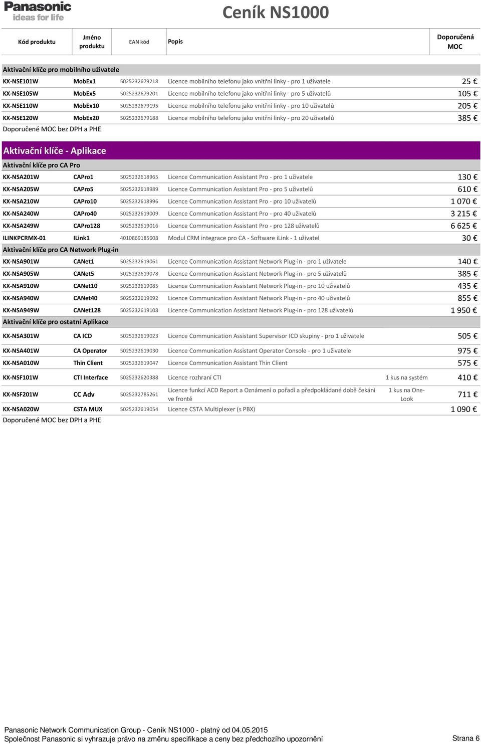 Licence mobilního telefonu jako vnitřní linky - pro 20 uživatelů 385 Aktivační klíče - Aplikace Aktivační klíče pro CA Pro KX-NSA201W CAPro1 5025232618965 Licence Communication Assistant Pro - pro 1