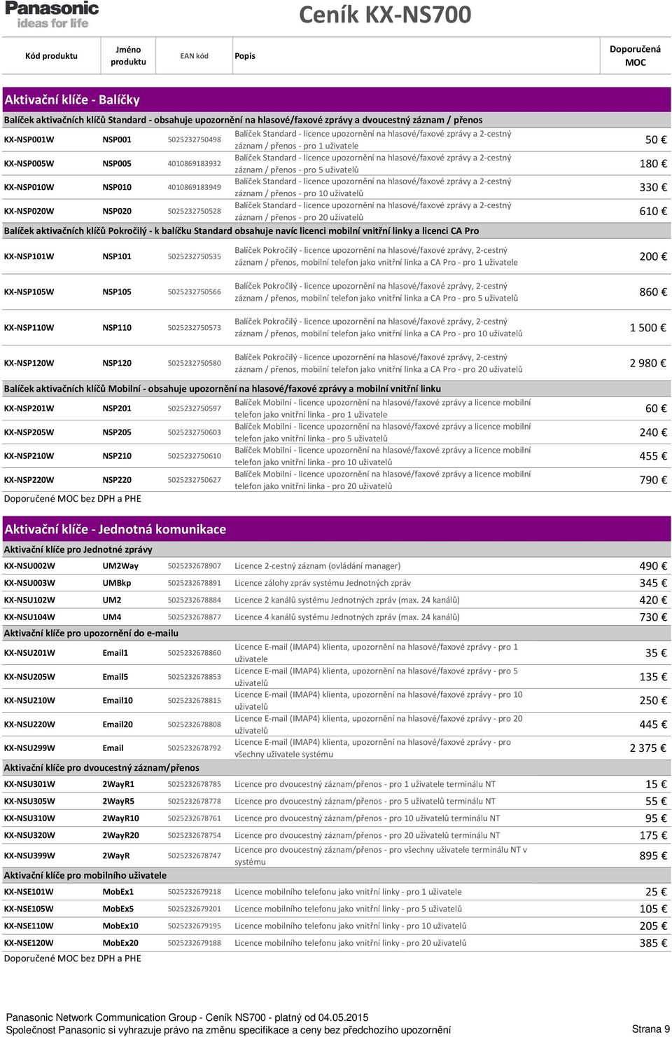 2-cestný záznam / přenos - pro 5 uživatelů KX-NSP010W NSP010 4010869183949 Balíček Standard - licence upozornění na hlasové/faxové zprávy a 2-cestný záznam / přenos - pro 10 uživatelů KX-NSP020W