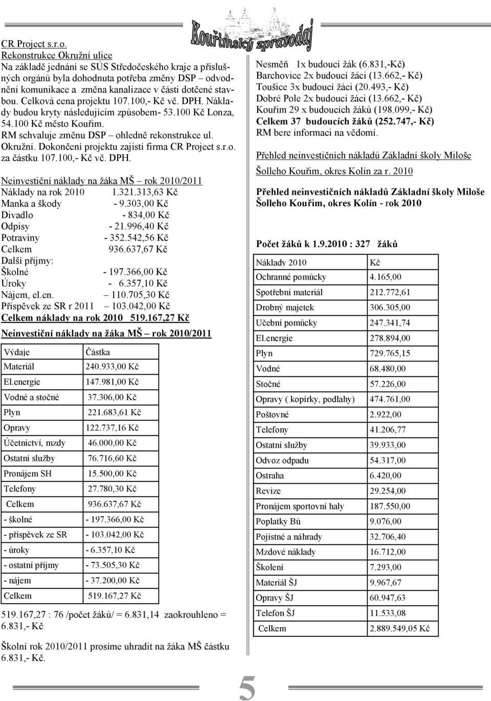 Dokončení projektu zajistí firma CR Project s.r.o. za částku 107.100,- Kč vč. DPH. Neinvestiční náklady na žáka MŠ rok 2010/2011 Náklady na rok 2010 1.321.313,63 Kč Manka a škody - 9.