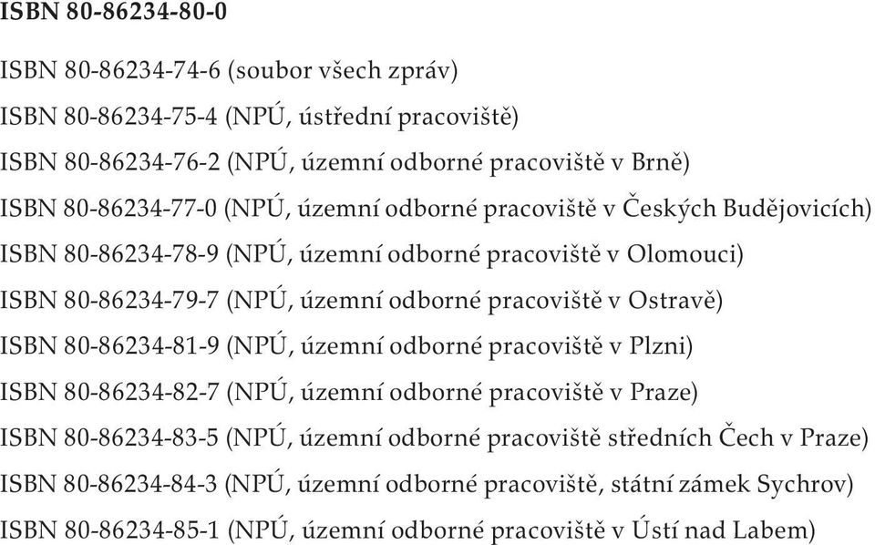 pracoviště v Ostravě) ISBN 80-86234-81-9 (NPÚ, územní odborné pracoviště v Plzni) ISBN 80-86234-82-7 (NPÚ, územní odborné pracoviště v Praze) ISBN 80-86234-83-5 (NPÚ, územní odborné