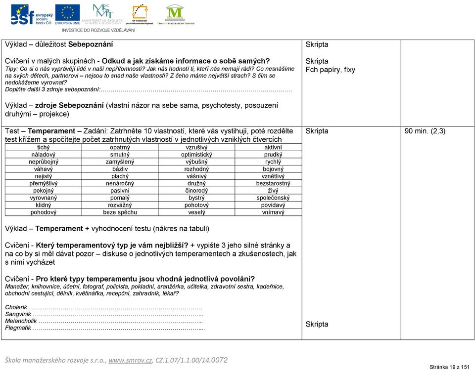 Doplňte další 3 zdroje sebepoznání: Skripta Skripta Fch papíry, fixy Výklad zdroje Sebepoznání (vlastní názor na sebe sama, psychotesty, posouzení druhými projekce) Test Temperament Zadání: Zatrhněte