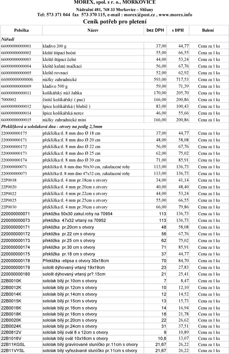 info Ceník potřeb pro pletení Položka Název bez DPH s DPH Balení 66000000000001 kladivo 200 g 37,00 44,77 Cena za 1 ks 66000000000002 kleště štípací boční 55,00 66,55 Cena za 1 ks 66000000000003