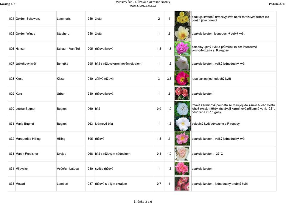 rugosy 87 Jabloňový květ Benetka 995 bílá s růžovokarmínovým okrajem, velký jednoduchý květ 88 Kiese Kiese 90 zářivě růžová,5 rosa canina jednoduchý květ 89 Kore Urban 980 růžovofialová 80 Louise